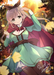 Rule 34 | 1girl, autumn leaves, basket, blonde hair, blurry, blurry foreground, bow, breasts, cape, cleavage, green eyes, hair bow, large breasts, long hair, mint (mintlemonade3), original, smile, solo, thighhighs