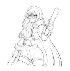 Rule 34 | 1girl, ascot, belt, blunt bangs, cape, countgate, dual wielding, fur cape, genderswap, genderswap (mtf), glasses, greyscale, high-waist shorts, highres, holding, lineart, looking over eyewear, looking over glasses, monochrome, mr big (snk), pretty big, short hair, shorts, solo, stick, sunglasses, the king of fighters, the king of fighters all-stars, thighhighs, tinted eyewear