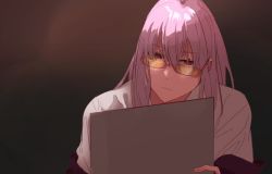 Rule 34 | 1girl, alternate hair length, alternate hairstyle, brown background, closed mouth, commentary, crack, cracked glass, english commentary, expressionless, glasses, gridman universe, highres, long hair, off shoulder, pink hair, red eyes, s9muu, shinjou akane, shirt, solo, ssss.gridman, upper body, white shirt