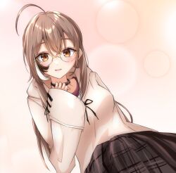 Rule 34 | 1girl, ahoge, arm up, black choker, brown eyes, brown hair, brown hoodie, brown skirt, bubble background, choker, crossed bangs, highres, hololive, hololive english, hood, hoodie, long hair, long skirt, looking at viewer, mame. (mame20150408), multicolored hair, nanashi mumei, nanashi mumei (casual), official alternate costume, oversized clothes, plaid, plaid skirt, pleated skirt, red shirt, shirt, skirt, sleeves past wrists, streaked hair, sweater, virtual youtuber, white sweater, wide sleeves