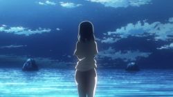 Rule 34 | 10s, 1girl, animated, animated gif, beach, brown hair, cloud, female focus, from behind, hip focus, kyouno madoka, legs, lowres, night, night sky, non-web source, nude, outdoors, rinne no lagrange, rock, running, sky, solo, star (symbol), throwing, undressing, water