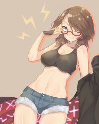 Rule 34 | 1girl, aged up, breasts, brown hair, cape, cleavage, clenched teeth, commentary request, cowboy shot, denim, denim shorts, fingerless gloves, glasses, gloves, green eyes, large breasts, midriff, navel, no headwear, red-framed eyewear, sakuratsuki, short shorts, shorts, teeth, touhou, usami sumireko