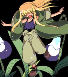 Rule 34 | 1girl, blonde hair, flower, hair over eyes, isshitaira, isshitaira&#039;s hair-over-eyes girl, long hair, lowres, oekaki, open mouth, original, outstretched arms, pants, solo, spread arms
