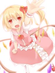 Rule 34 | 1girl, adapted costume, alternate color, arm up, ascot, blonde hair, fang, female focus, flandre scarlet, hair ornament, lace, looking at viewer, mary janes, no headwear, no headwear, open mouth, red eyes, ribbon, sakurea, shirt, shoes, side ponytail, skirt, skirt set, solo, embodiment of scarlet devil, touhou, white legwear, wings, wrist cuffs