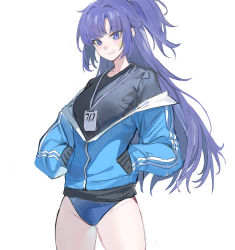 Rule 34 | 1girl, black shirt, blue archive, blue buruma, blue jacket, buruma, echj, gym uniform, highres, id card, jacket, lanyard, long hair, multicolored clothes, multicolored jacket, off shoulder, official alternate costume, open clothes, open jacket, parted bangs, partially unzipped, purple eyes, purple hair, shirt, sportswear, standing, star sticker, sticker on face, track jacket, two-tone jacket, two side up, yuuka (blue archive), yuuka (track) (blue archive)