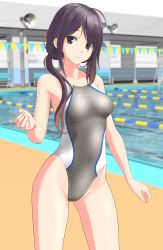 Rule 34 | 1girl, absurdres, ariake (kancolle), black eyes, black hair, breasts, competition swimsuit, contrapposto, cowboy shot, gradient hair, grey one-piece swimsuit, highleg, highleg swimsuit, highres, kantai collection, logo, long hair, medium breasts, megaphone, multicolored hair, one-piece swimsuit, orange hair, outdoors, paid reward available, pool, purple hair, paid reward available, smile, solo, speedo (company), string of flags, swimsuit, takafumi, two-tone swimsuit