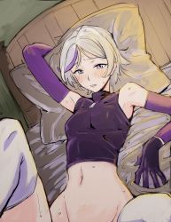 Rule 34 | 1girl, arm behind head, armpits, black shirt, blush, bottomless, breasts, commentary, contender (girls&#039; frontline), detached sleeves, girls&#039; frontline, gloves, grey hair, lying, multicolored hair, navel, on back, on bed, out-of-frame censoring, pillow, purple hair, sgnfleen, shirt, short hair, sleeveless, sleeveless shirt, small breasts, solo, streaked hair, sweat, thighhighs, turtleneck, white thighhighs