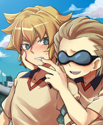Rule 34 | 2boys, blonde hair, blush, child, dylan keith, embarrassed, goggles, inazuma eleven, inazuma eleven (series), male focus, mark kruger, multiple boys, oddnoise, smile, tears, yaoi