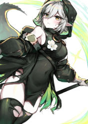Rule 34 | 1girl, absurdres, arknights, bad id, bad twitter id, black dress, black thighhighs, blush, breasts, closed mouth, covered navel, cowboy shot, crocodilian tail, detached sleeves, dress, dutch angle, flower, gloves, goggles, goggles around neck, green hair, hair between eyes, highres, holding, holding staff, hood, medium breasts, molyb, multicolored hair, originium arts (arknights), panty straps, pelvic curtain, pointy ears, short dress, short hair, silver hair, simple background, solo, staff, streaked hair, sweatdrop, tail, thighhighs, thighs, tomimi (arknights), torn clothes, torn thighhighs, turtleneck, turtleneck dress, two-tone hair, white background, white gloves, yellow eyes
