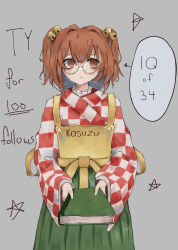 Rule 34 | 1girl, absurdres, apron, bell, book, checkered clothes, checkered kimono, commentary, english commentary, english text, green skirt, grey background, hair bell, hair bobbles, hair ornament, highres, holding, holding book, japanese clothes, kimono, long sleeves, motoori kosuzu, orange hair, ourie, semi-rimless eyewear, simple background, skirt, solo, touhou, two side up, under-rim eyewear, wide sleeves, yellow apron