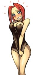 Rule 34 | 1girl, blue eyes, blush, bottomless, breasts, cleavage, clenched teeth, clothes pull, code geass, covering privates, covering crotch, drawfag, dress, dress tug, embarrassed, kouzuki kallen, large breasts, naked shirt, nightgown, no panties, red hair, shirt, shirt pull, short hair, teeth