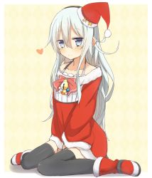 Rule 34 | 10s, 1girl, alternate costume, argyle, argyle background, argyle clothes, bad id, bad twitter id, black thighhighs, blush, boots, collarbone, hammer and sickle, hat, heart, hibiki (kancolle), kantai collection, long hair, nonono (mino), santa costume, santa hat, silver hair, sitting, smile, solo, star (symbol), thighhighs, very long hair, wariza