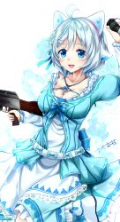 Rule 34 | .live, 1girl, :d, ak-47, animal ears, arm up, assault rifle, bad id, bad pixiv id, blue bow, blue dress, blue eyes, blush, bow, breasts, cleavage, collarbone, commentary request, dress, explosive, flower, grenade, gun, hair between eyes, hair bow, hair flower, hair ornament, highres, holding, holding grenade, holding gun, holding weapon, kalashnikov rifle, layered sleeves, long sleeves, looking at viewer, medium breasts, omoomomo, open mouth, puffy short sleeves, puffy sleeves, rifle, short over long sleeves, short sleeves, signature, silver hair, dennou shoujo siro, smile, solo, teeth, upper teeth only, virtual youtuber, weapon, weapon request, white dress, white flower