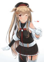 Rule 34 | 1girl, bad id, bad pixiv id, belt, black legwear, black serafuku, black shirt, black skirt, blonde hair, blowing kiss, blush, breasts, commentary request, gloves, hair flaps, heart, highres, kantai collection, large breasts, leaning forward, long hair, looking at viewer, murasame (kancolle), neck ribbon, one eye closed, osananajimi neko, parted lips, pleated skirt, red eyes, red ribbon, revision, ribbon, school uniform, serafuku, shirt, simple background, skirt, solo, standing, very long hair, white background, white gloves