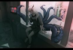 Rule 34 | 1girl, absurdres, black shirt, breaking through window, broken glass, chain, chained legs, clipboard, collarbone, fleeing, full body, glass, glowing, glowing eyes, hair intakes, highres, horns, indoors, kyano (kyanora3141), long hair, looking at viewer, monitor, monster girl, naked shirt, open mouth, original, papers, red eyes, shattered, shirt, sidelocks, sitting, solo, tentacles