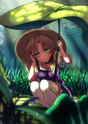 Rule 34 | 1girl, absurdres, ahoge, blonde hair, blouse, blue eyes, blush, breasts, eyeshadow, forest, grass, hair tie, hat, highres, koissa, leaf umbrella, looking at viewer, makeup, moriya suwako, nature, aged up, playing with own hair, ringed eyes, seductive smile, shade, shirt, skirt, smile, solo, squatting, thighhighs, touhou, white thighhighs