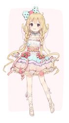 Rule 34 | 1girl, :d, ankle lace-up, bare arms, blonde hair, bow, braid, brown eyes, choker, cross-laced footwear, dress, frilled choker, frills, full body, futaba anzu, hair bow, highres, idolmaster, idolmaster cinderella girls, layered dress, long hair, looking at viewer, open mouth, pink background, polka dot, polka dot bow, scrunchie, shone, simple background, sleeveless, sleeveless dress, smile, solo, twin braids, very long hair, wings, wrist scrunchie
