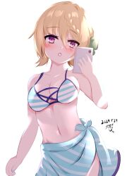 Rule 34 | 1girl, artist name, bikini, blonde hair, blue bikini, blue sarong, braid, braided bangs, braided bun, breasts, cellphone, cleavage, commentary request, dated, hair bun, kantai collection, long hair, medium breasts, meturyusinzero, perth (kancolle), perth (swimsuit mode) (kancolle), phone, purple eyes, sarong, simple background, solo, striped bikini, striped clothes, striped sarong, swimsuit, taking picture, white background