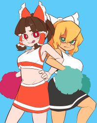Rule 34 | 2girls, :q, absurdres, alternate costume, armpits, benikurage (cookie), black skirt, blonde hair, blue background, bow, breasts, bright pupils, brown hair, cheerleader, closed mouth, commentary request, cookie (touhou), crop top, facial mark, frilled bow, frilled hair tubes, frills, green eyes, hair bow, hair tubes, hakurei reimu, highres, jijii (nicoseiga91467756), kirisame marisa, locked arms, long hair, looking at viewer, mars (cookie), medium breasts, medium hair, multiple girls, open mouth, parted bangs, pom pom (cheerleading), ponytail, red bow, red eyes, red skirt, simple background, skirt, small breasts, smile, tongue, tongue out, touhou, wavy mouth, whisker markings, white bow, white pupils