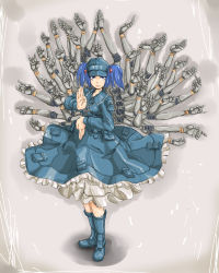 Rule 34 | 1girl, absurdres, blue eyes, blue hair, extra arms, female focus, hair bobbles, hair ornament, hat, highres, kannon bodhisattva, kawashiro nitori, key, matching hair/eyes, mechanical arms, michael-x, short hair, single mechanical arm, solo, touhou, twintails, two side up