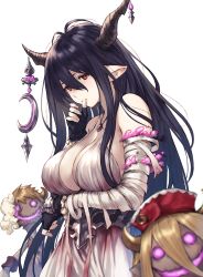 Rule 34 | 1girl, antenna hair, bandages, bandaged arm, bandages, black gloves, black hair, breasts, cleavage, crescent moon, danua, doll, draph, dress, fingerless gloves, gloves, granblue fantasy, gretel (granblue fantasy), hair between eyes, hansel (granblue fantasy), highres, horn ornament, horns, jewelry, large breasts, lips, long hair, looking at viewer, makimura shunsuke, moon, necklace, pointy ears, red eyes, solo, thumb to mouth, upper body, very long hair, white dress