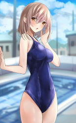 Rule 34 | 1girl, absurdres, bare arms, bare shoulders, blurry, blurry background, blush, breasts, brown eyes, brown hair, commentary request, covered navel, cowboy shot, depth of field, hair between eyes, hair ornament, highres, impossible clothes, impossible swimsuit, legs together, long hair, looking at viewer, medium breasts, medium hair, one-piece swimsuit, open mouth, original, school swimsuit, sky, solo, standing, sukuemon, swimsuit, thighs