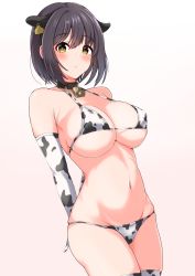 Rule 34 | 1girl, absurdres, animal ears, animal print, arms behind back, bell, bikini, black collar, black hair, blush, breasts, collar, commentary request, covered erect nipples, cow ears, cow print, cowboy shot, ear tag, elbow gloves, gloves, groin, highres, idolmaster, idolmaster cinderella girls, large breasts, legs together, looking at viewer, navel, neck bell, print bikini, print gloves, print thighhighs, raindrop746079, short hair, simple background, solo, standing, stomach, swimsuit, takafuji kako, thighhighs, white background, yellow eyes