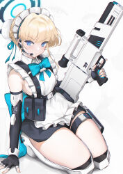 Rule 34 | 1girl, assault rifle, black gloves, blonde hair, blue archive, blue bow, blue bowtie, blue eyes, bow, bowtie, bullpup, caseless firearm, closed mouth, commentary, fingerless gloves, gloves, gun, h&amp;k g11, halo, headset, highres, holding, holding gun, holding weapon, looking at viewer, maid headdress, persocon93, prototype design, rifle, short hair, sitting, solo, symbol-only commentary, thighs, toki (blue archive), wariza, weapon