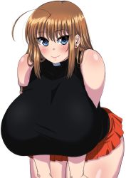 Rule 34 | 1girl, bare shoulders, blue eyes, blush, breasts, brown hair, curvy, gigantic breasts, hands on own knees, hanging breasts, komusou (jinrikisha), leaning forward, long hair, looking at viewer, ooba minori, original, sagging breasts, simple background, skirt, smile, solo, sweater vest, thick thighs, thighs, white background, wide hips