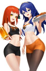 Rule 34 | 2girls, abs, absurdres, aqua eyeshadow, bare shoulders, beer mug, blue eyes, blue hair, chicken (food), chicken wing, commission, commissioner upload, cup, dhokidoki, eyeliner, eyeshadow, facial mark, fire emblem, fire emblem awakening, fire emblem engage, food, hair between eyes, highres, holding, holding cup, holding plate, hooters, lucina (fire emblem), makeup, midriff, mismatched pupils, mug, multiple girls, navel, nintendo, non-web source, open mouth, orange hair, panette (fire emblem), plate, red eyeliner, short bangs, short shorts, shorts, stitched mouth, stitches, tiara, toned, transparent background, yellow eyes