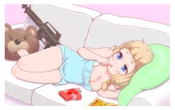 Rule 34 | aqua dress, assault rifle, barefoot, bear, blonde hair, blouse, blue eyes, blush, breasts, couch, dress, eating, food, gun, hair bobbles, hair ornament, light blush, lying, m16, medium breasts, messy hair, new game!, no pants, on side, panties, pantyshot, picolette xiii, pillow, pink background, pocky, rifle, sakura nene, shirt, short hair, simple background, twintails, underwear, weapon