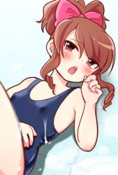 Rule 34 | 1boy, avatar base, blush, brown hair, commentary request, crossdressing, covered erect nipples, hair ribbon, looking up, lying, male focus, on back, one-piece swimsuit, open mouth, original, ponytail, ribbon, school swimsuit, solo, swimsuit, trap, urakuso