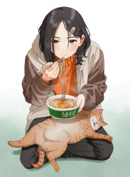Rule 34 | 1girl, animal, animal on lap, black hair, blush, bowl, brown jacket, cat, chopsticks, closed mouth, commentary request, cup ramen, eating, food, grey eyes, hair ornament, hairclip, hand up, holding, holding bowl, holding chopsticks, hood, hooded jacket, instant soba, jacket, long sleeves, looking at viewer, maruchan midori no tanuki tensoba, mattaku mousuke, noodles, on lap, open clothes, open jacket, orange sweater, original, pants, ramen, sitting, steam, sweater, twitter username, watermark, white background, zipper