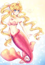 Rule 34 | 1girl, blonde hair, blue eyes, blush, breasts, hair between eyes, highres, jewelry, long hair, mermaid, mermaid melody pichi pichi pitch, monster girl, nanami lucia, necklace, orlyvameza, shell, shell bikini, shell necklace, solo, twintails