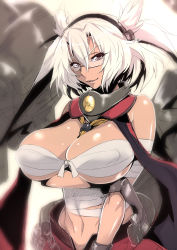 Rule 34 | 10s, 1girl, bare shoulders, blonde hair, breast hold, breasts, budget sarashi, bursting breasts, crossed arms, dark skin, dark-skinned female, glasses, gloves, kantai collection, large breasts, long hair, looking at viewer, musashi (kancolle), nakahira guy, naughty face, pointy hair, red eyes, sarashi, smile, solo, twintails