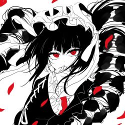 Rule 34 | 1girl, black hair, black jacket, celestia ludenberg, danganronpa: trigger happy havoc, danganronpa (series), drill hair, earrings, frilled jacket, frills, hand up, headdress, highres, jacket, jewelry, long hair, long sleeves, nail polish, necktie, open clothes, open jacket, peppo (2cleft 0109), petals, red eyes, red necktie, solo, twin drills, twintails, upper body