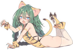 Rule 34 | 1girl, animal ears, ass, blade (galaxist), blue eyes, blush, braid, breasts, earrings, fang, fingernails, green hair, green nails, hair between eyes, jewelry, long hair, looking at viewer, nail polish, open mouth, original, simple background, skin fang, small breasts, solo, tail, thighhighs, twin braids, white background, white thighhighs