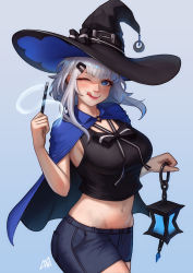 Rule 34 | 1girl, ;q, bare arms, black bow, black shirt, blue cape, blue eyes, blue shorts, bow, bowtie, breasts, cape, commentary, cowboy shot, earrings, grey background, grey hair, hair ornament, hairclip, hand up, hat, highres, holding lamp, jewelry, large breasts, lerio (leriodraws), midriff, navel, one eye closed, original, shirt, shorts, sleeveless, sleeveless shirt, solo, stomach, tongue, tongue out, two-tone bow, wand, white bow, witch hat