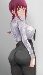 Rule 34 | 1girl, absurdres, ass, black necktie, black pants, braid, breasts, chainsaw man, grey background, highres, huge ass, large breasts, long hair, long sleeves, looking back, makima (chainsaw man), nagayaman, necktie, pants, pantylines, red hair, shirt, shirt tucked in, solo, tight clothes, tight pants, white shirt, yellow eyes