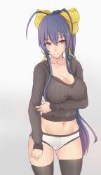 Rule 34 | 1girl, antenna hair, black thighhighs, blazblue, blazblue remix heart, blue hair, bluefield, bow, breast hold, breast lift, breasts, cleavage, collarbone, crop top, genderswap, genderswap (mtf), hair bow, highres, impossible clothes, impossible sweater, large breasts, long hair, looking at viewer, mai natsume, midriff, navel, ponytail, red eyes, ribbed sweater, ribbon, short shorts, shorts, simple background, smile, solo, sweater, thighhighs, very long hair, yellow bow