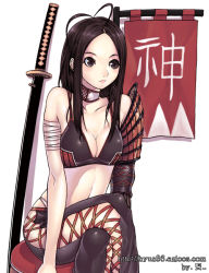 Rule 34 | 1girl, armor, black hair, breasts, brown eyes, cleavage, katana, laceups, large breasts, long hair, midriff, solo, sword, thighhighs, weapon