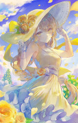 Rule 34 | 1girl, arms up, blue sky, blush, braid, brown hair, closed mouth, cloud, day, dress, flower, frilled dress, frilled hat, frills, gloves, hands on headwear, hat, highres, long hair, looking at viewer, mishiro (iromishiro), original, outdoors, petals, rose, rose petals, single braid, sky, sleeveless, sleeveless dress, smile, solo, sun hat, very long hair, white gloves, yellow dress, yellow eyes, yellow flower, yellow rose