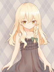 Rule 34 | 1girl, bare arms, bare shoulders, blonde hair, blush, braid, cinderella bust, collarbone, commentary request, covered navel, flat chest, highres, kirisame marisa, light frown, lingerie, long hair, looking at viewer, marisuku, negligee, out-of-frame censoring, plaid, plaid background, see-through, side braid, single braid, solo, touhou, underwear, wavy hair, yellow eyes