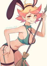 Rule 34 | 1girl, absurdres, ahoge, amanda o&#039;neill, animal ears, bikini, blush, bow, bowtie, breasts, broom, green bow, green bowtie, green eyes, highres, little witch academia, little witch academia:the enchanted parade, looking at viewer, madabau, medium breasts, multicolored hair, orange hair, rabbit ears, red hair, short hair, signature, simple background, smile, solo, swimsuit, thighs, trigger (company), two-tone hair, wide hips, witch