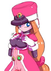 Rule 34 | 1girl, absurdres, blonde hair, blue eyes, blush, bodysuit, breasts, capcom, coat, covered erect nipples, framed breasts, gloves, hair ornament, hat, highres, large breasts, long hair, looking at viewer, looking to the side, low-tied long hair, nipples, prairie (mega man), puffy short sleeves, puffy sleeves, mega man (series), mega man zx, shako cap, short sleeves, shoutaro saito, sidelocks, signature, simple background, solo, very long hair, white background, white gloves