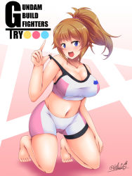 Rule 34 | 1girl, :d, bare shoulders, barefoot, bike shorts, blue eyes, blush, breasts, brown hair, cameltoe, cleavage, collarbone, commentary request, copyright name, elis 120%, full body, gluteal fold, groin, gundam, gundam build fighters, gundam build fighters try, high ponytail, hoshino fumina, kneeling, large breasts, looking at viewer, midriff, navel, open mouth, pink scrunchie, ponytail, scrunchie, shadow, sidelocks, signature, smile, solo, sports bra, strap pull, taut clothes, two-tone sports bra