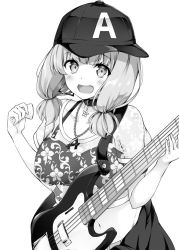 Rule 34 | 1girl, :d, aito (indigorabbit), bang dream!, baseball cap, bass guitar, blush, breasts, choker, cowboy shot, crop top, cropped shirt, earrings, greyscale, hat, holding, holding instrument, instrument, jewelry, large breasts, looking at viewer, low twintails, medium hair, monochrome, navel, open mouth, pendant, pendant choker, plectrum, see-through, see-through shirt, shirt, short sleeves, short twintails, sideways hat, simple background, smile, solo, standing, stomach, t-shirt, twintails, uehara himari, white background