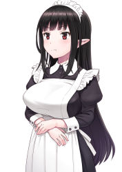 Rule 34 | 1girl, black hair, blunt bangs, breasts, closed mouth, commentary request, elf, highres, large breasts, long hair, looking away, maid, maid headdress, meow (nekodenki), original, pointy ears, red eyes, simple background, solo, white background
