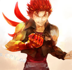 Rule 34 | 1boy, brown eyes, commentary request, goshi, grin, jacket, kazuma (scryed), looking at viewer, male focus, open mouth, power fist, red hair, scryed, shirt, simple background, smile, solo
