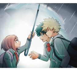 Rule 34 | 1girl, 2boys, arm up, artist name, backpack, bag, bakugou katsuki, blazer, blonde hair, boku no hero academia, brown hair, closed mouth, commentary, english commentary, freckles, from side, green eyes, green hair, grey jacket, highres, holding, holding umbrella, jacket, letterboxed, looking at another, midoriya izuku, multiple boys, necktie, open mouth, parted lips, pink bag, rain, reallyveverka, red eyes, red necktie, school uniform, short hair, smile, spiked hair, u.a. school uniform, umbrella, uraraka ochako